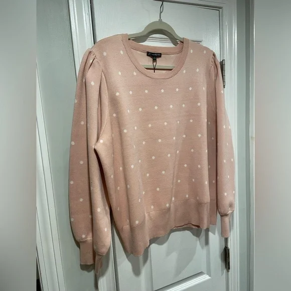 NWT Adrianna Papell Size 3X Pink White Polka Dot Knit Puff Sleeve Crew Sweater - Picture 2 of 12